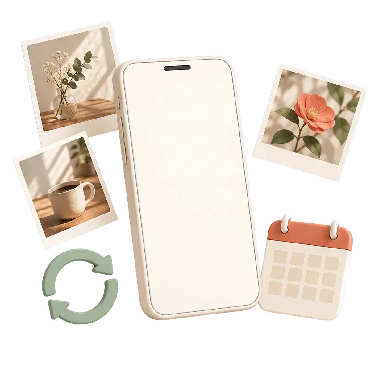 スマートフォンのまわりに日記の写真とカレンダーが並ぶ、予約投稿のイラスト